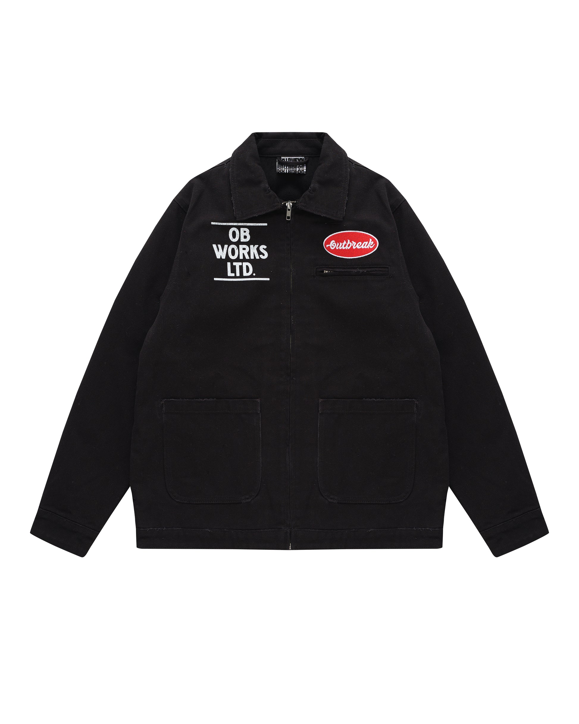 Black jacket with logos on a white background