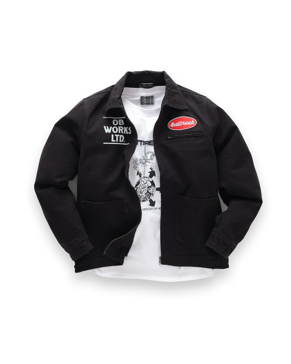 Black jacket with visible branding on a white background